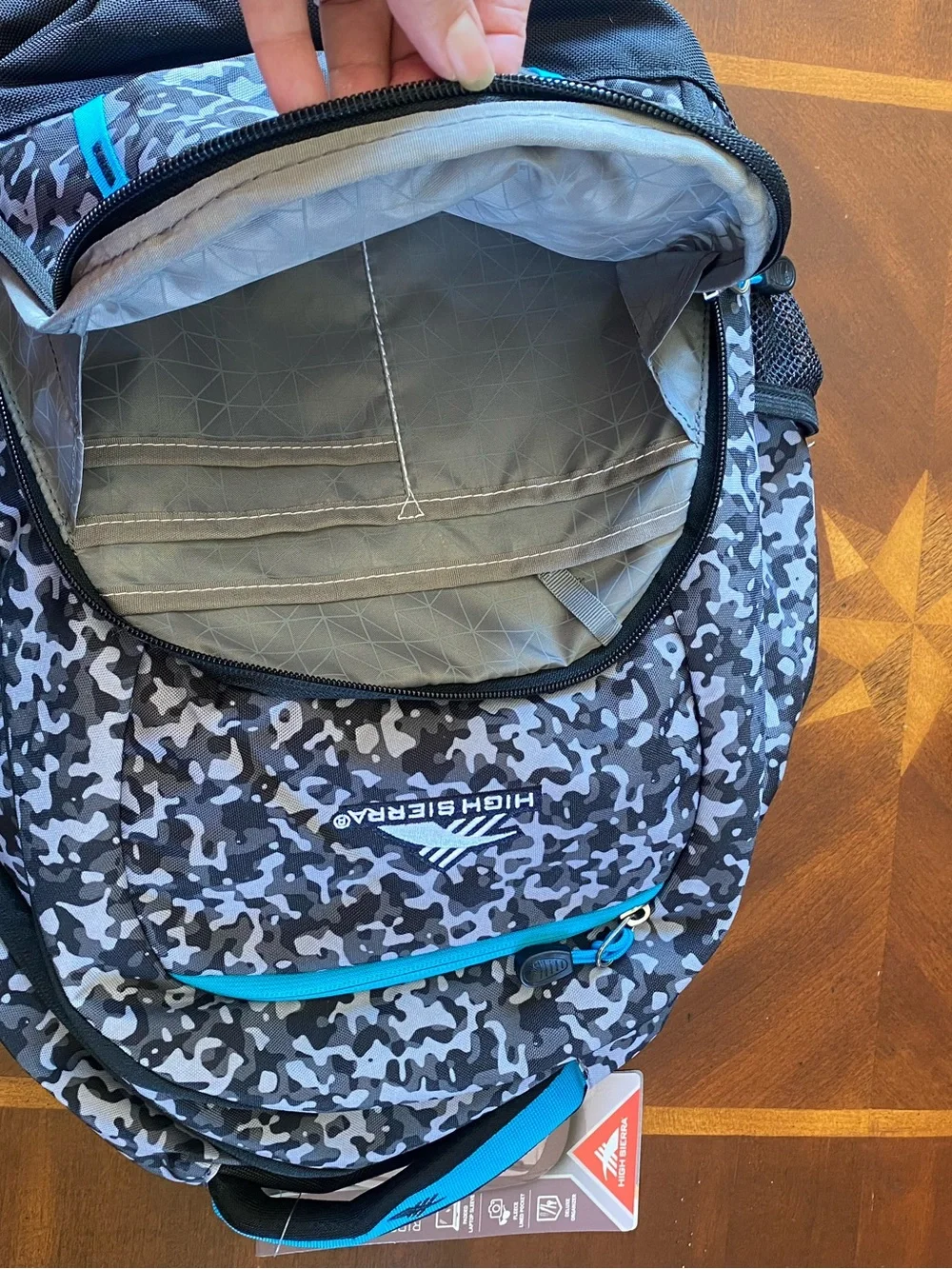 High Sierra Men’s Gray Camo Backpack with Blue Trim